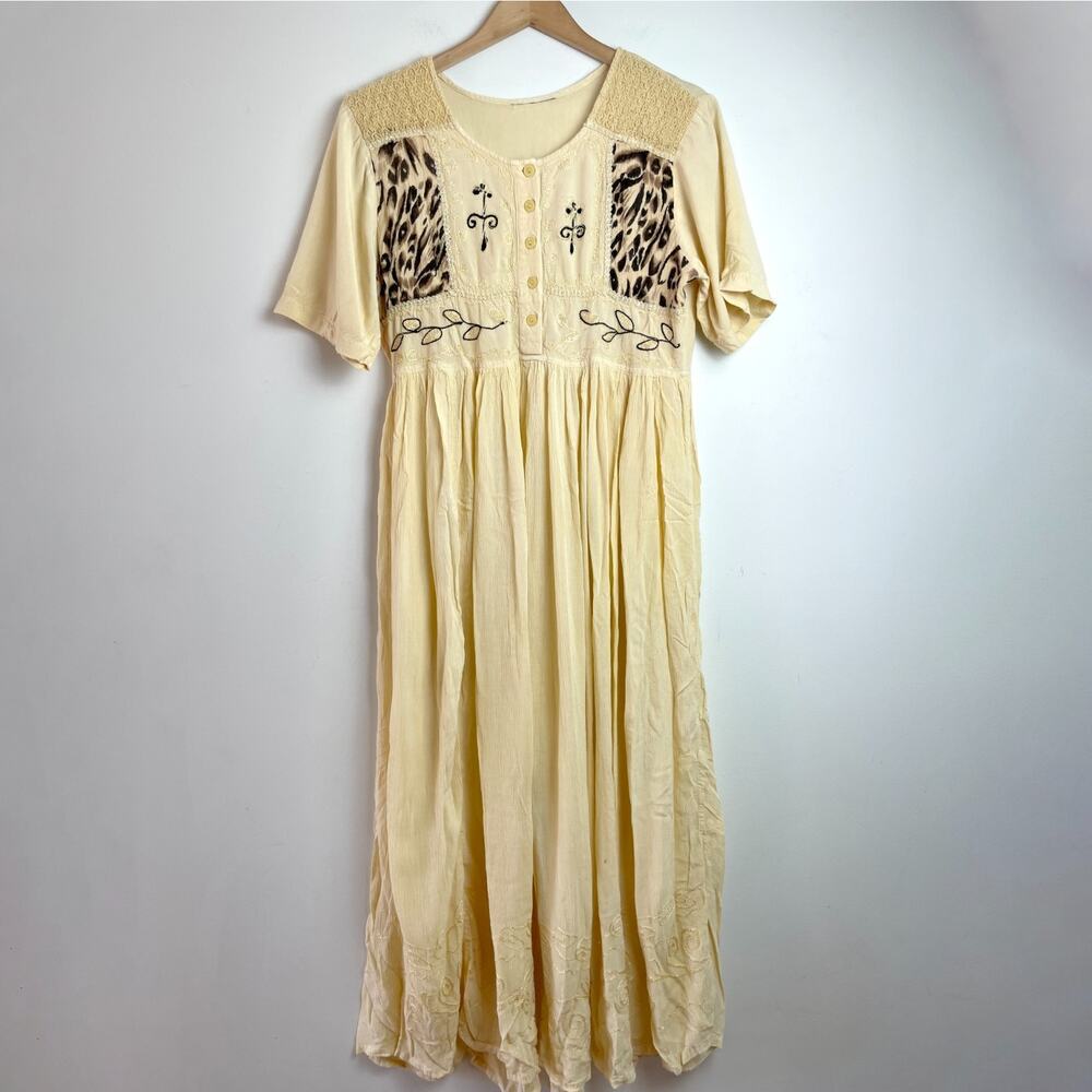 Vintage 90s Embroidered Maxi Dress Boho Folk Butter Yellow Animal Print Eclectic